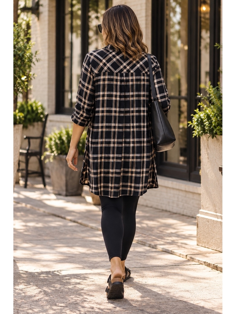 G. By Guliana Black and Beige Plaid Button-Up Shirt Dress with Pocket - Picture 11 of 11